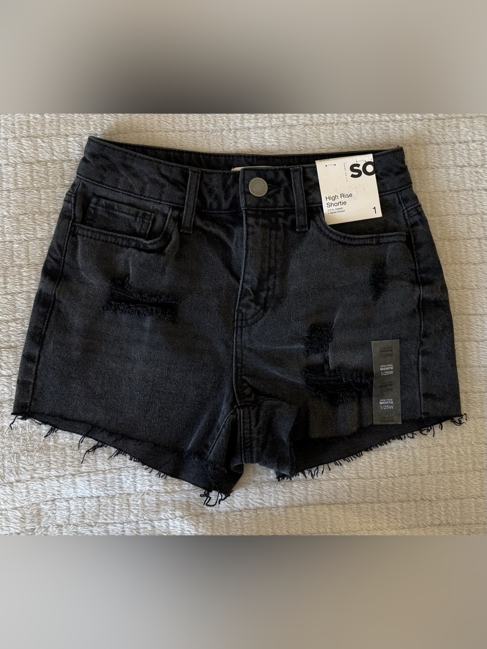 SO High Rise Shortie Cut Hem Jean Shorts Black Waist 25 NWT